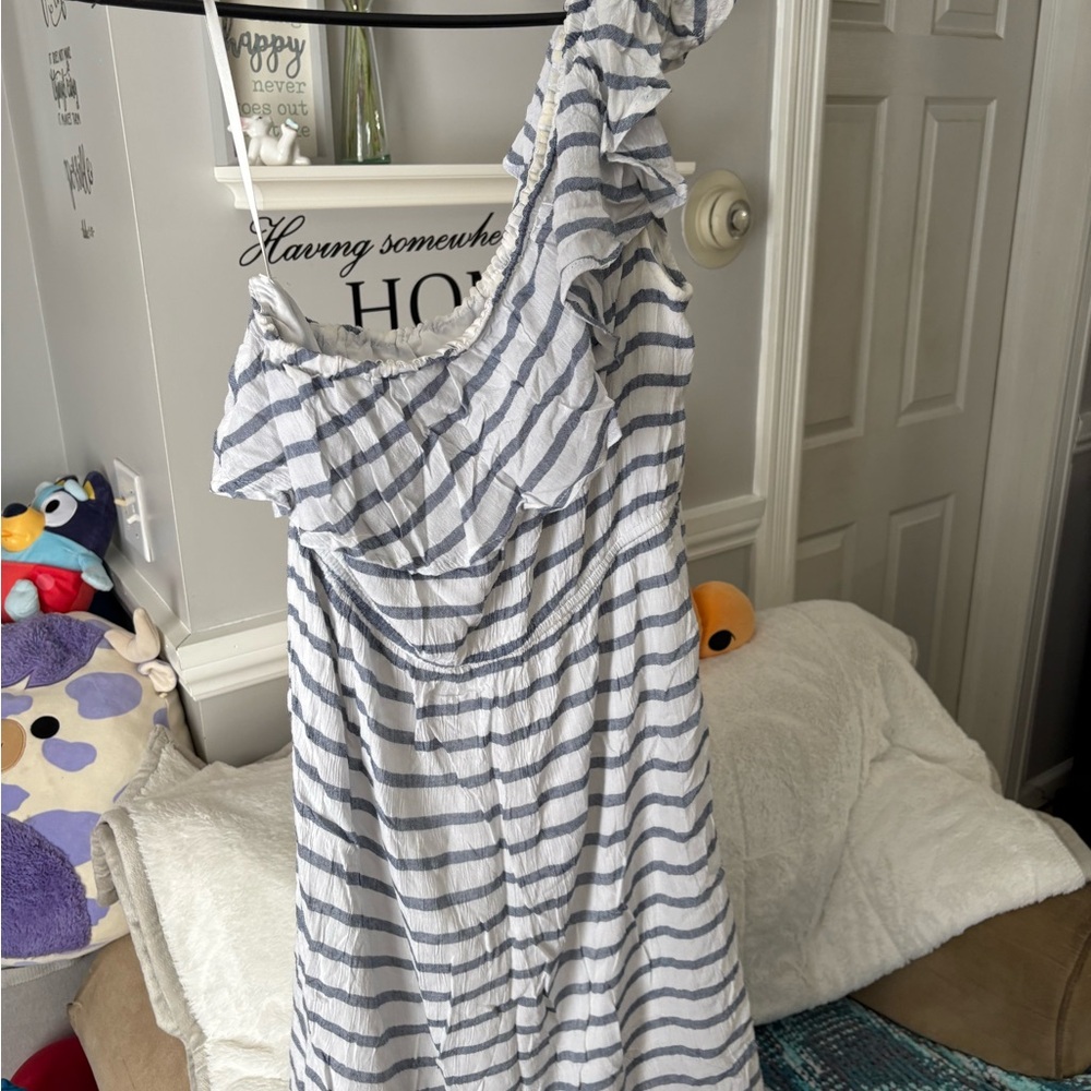 Old Navy Blue and White Striped One Shoulder Ruffle Dress- Size M - Picture 2 of 6